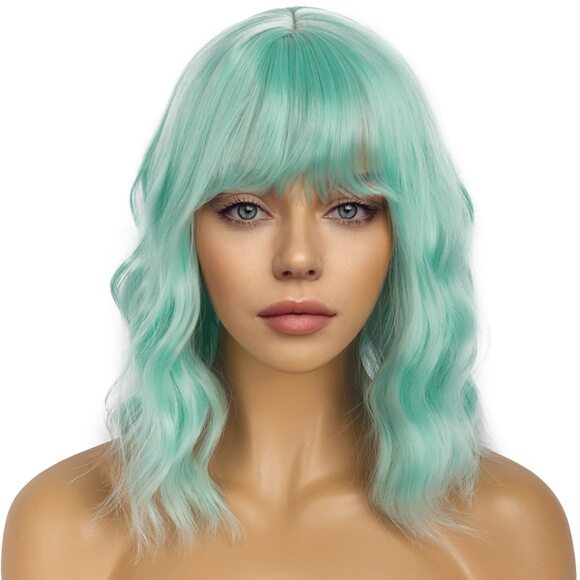 Women Mint Green Loose Wavy Wig Curly Wavy Shoulder Length Bob - Picture 1 of 3
